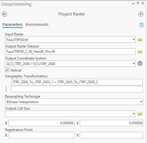 Project Raster screenshot of horizontal and vertical datum transformation from ITRF00 to ITRF08